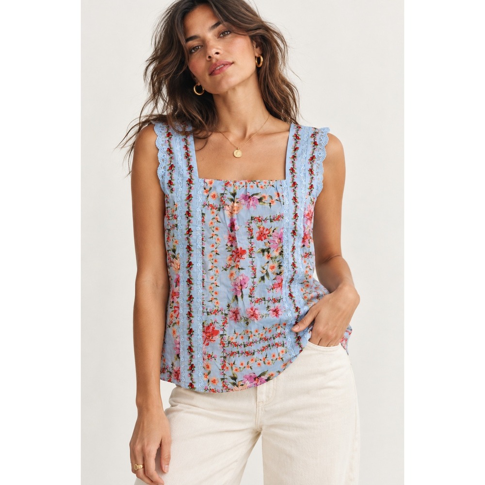 Daniel Rainn Fiona Square Neck Floral Blouse Blue Cotton Lace Trim Small NWT